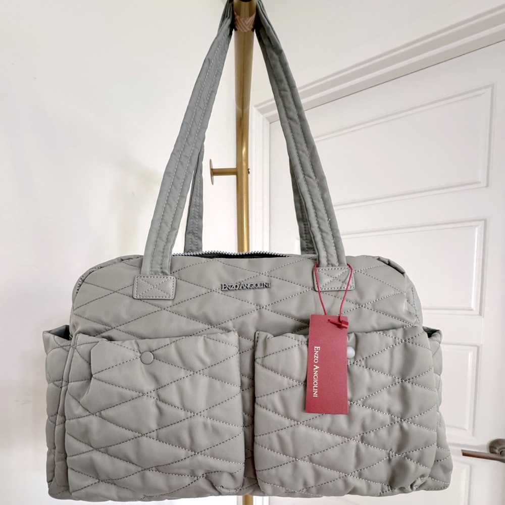 New Quilted Duffle Overnight Weekend Bag Adjustable Crossbody Strap Gray Travel